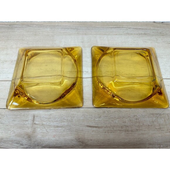 Vintage Amber Glass 4.5 Inch Square Cigarette Ashtarys Set Of 2 - Picture 2 of 8